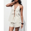 image:imageMakeMeChic Womens Linen Two Piece Set Summer Tie Front Halter Tops Linen Shorts Sets Beach Vacation OutfitsKhaki