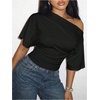 image:imageMakeMeChic Womens Off The Shoulder Cinched Waist Crop Top Asymmetrical Y2k Dolman Sleeve Summer TopsBlack
