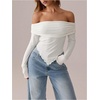 image:imageMakeMeChic Womens Off The Shoulder Long Sleeve T Shirt Top Ruched Asymmetrical Lettuce Trim Tee TopsWhite