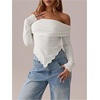 image:imageMakeMeChic Womens Off The Shoulder Long Sleeve T Shirt Top Ruched Asymmetrical Lettuce Trim Tee TopsWhite