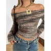 image:imageMakeMeChic Womens Off The Shoulder Striped Tee Shirt Fuzzy Long Sleeve Y2K Going Out Crop TopsMulticolor