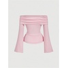 image:imageMakeMeChic Womens Off The Shoulder T Shirt Bow Ruched Bell Sleeve Ruffle Y2k TopsPink