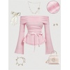 image:imageMakeMeChic Womens Off The Shoulder T Shirt Bow Ruched Bell Sleeve Ruffle Y2k TopsPink