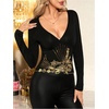 image:imageMakeMeChic Womens Party Floral Sequin T Shirts Sparkly Deep V Neck Long Sleeve TopsBlack