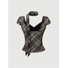 image:imageMakeMeChic Womens Plaid Sweetheart Tops Mesh Bow Cap Sleeve Y2k T Shirts with ScarfBrown