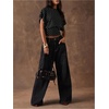 image:imageMakeMeChic Womens Polka Dots Cinched Waist Bat Wing Wrap Top Dolman Sleeve Crew Neck Going Out Crop TopsBlack