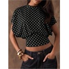 image:imageMakeMeChic Womens Polka Dots Cinched Waist Bat Wing Wrap Top Dolman Sleeve Crew Neck Going Out Crop TopsBlack