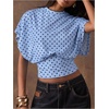 image:imageMakeMeChic Womens Polka Dots Cinched Waist Bat Wing Wrap Top Dolman Sleeve Crew Neck Going Out Crop TopsLight Blue