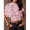 image:imageMakeMeChic Womens Polka Dots Cinched Waist Bat Wing Wrap Top Dolman Sleeve Crew Neck Going Out Crop TopsLight Pink