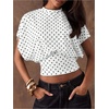 image:imageMakeMeChic Womens Polka Dots Cinched Waist Bat Wing Wrap Top Dolman Sleeve Crew Neck Going Out Crop TopsWhite