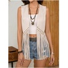 image:imageMakeMeChic Womens Rivet Suede Tassel Sleeveless Vest Jacket Open Front Cowboy Chic Fringe Vest OuterwearApricot B