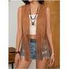 image:imageMakeMeChic Womens Rivet Suede Tassel Sleeveless Vest Jacket Open Front Cowboy Chic Fringe Vest OuterwearBrown C