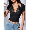 image:imageMakeMeChic Womens Short Sleeve Shirts Halter Neck Lace Top Deep V Neck 2 in 1 Y2k T ShirtBlack