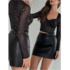 image:imageMakeMeChic Womens Sparkly Rhinestone Mesh Sheer Crop Tops Sweetheart Neck Long Sleeve Y2K Party Tee ShirtBlack