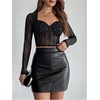 image:imageMakeMeChic Womens Sparkly Rhinestone Mesh Sheer Crop Tops Sweetheart Neck Long Sleeve Y2K Party Tee ShirtBlack