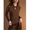 image:imageMakeMeChic Womens Sparkly T Shirt Twist Front Cut Out Long Sleeve Work Business TopsMocha Brown