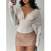 image:imageMakeMeChic Womens Striped Deep V Neck Sweater Cinched Waist Long Sleeve Knit Pullover Crop TopsApricot