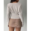 image:imageMakeMeChic Womens Striped Deep V Neck Sweater Cinched Waist Long Sleeve Knit Pullover Crop TopsApricot