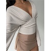 image:imageMakeMeChic Womens Striped Deep V Neck Sweater Cinched Waist Long Sleeve Knit Pullover Crop TopsApricot