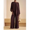 image:imageMakeMeChic Womens Summer 2 Piece Set Beach Vacation Outfits Off The Shoulder Poncho Top Wide Leg Pants SetsBrown