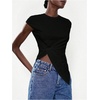 image:imageMakeMeChic Womens Twist Asymmetrical Tops Summer Tops Cap Sleeve T Shirt Dressy Casual BlouseBlack