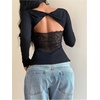 image:imageMakeMeChic Womens Twist Cut Out Backless Tops Y2k Lace Square Neck Long Sleeve T ShirtBlack