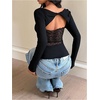 image:imageMakeMeChic Womens Twist Cut Out Backless Tops Y2k Lace Square Neck Long Sleeve T ShirtBlack