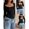 image:imageMakeMeChic Womens Twist Cut Out Backless Tops Y2k Lace Square Neck Long Sleeve T ShirtBlack