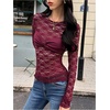 image:imageMakeMeChic Womens Twisted Floral Lace Tee Shirt Crew Neck Long Sleeve Sheer TopsBurgundy