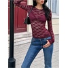 image:imageMakeMeChic Womens Twisted Floral Lace Tee Shirt Crew Neck Long Sleeve Sheer TopsBurgundy