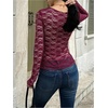 image:imageMakeMeChic Womens Twisted Floral Lace Tee Shirt Crew Neck Long Sleeve Sheer TopsBurgundy