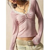 image:imageMakeMeChic Womens V Neck T Shirts Lace Ruched Button Long Sleeve Fitted Going Out TopsPink