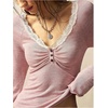 image:imageMakeMeChic Womens V Neck T Shirts Lace Ruched Button Long Sleeve Fitted Going Out TopsPink