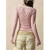image:imageMakeMeChic Womens V Neck T Shirts Lace Ruched Button Long Sleeve Fitted Going Out TopsPink