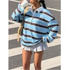 image:imageMakeMeChic Womens Y2K Streetwear Rugby Striped Shirts Fall Long Sleeve Collared Tee TopsBlue and Brown