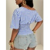 image:imageMakeMeChic Womens Y2k Plaid One Shoulder Tops Number Print Cinched Waist Smocked TopBlue