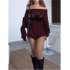 image:imageWomens Printed Off Casual Shoulder Long Sleeve Loose Casual T ShirtBurgundy