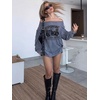 image:imageWomens Printed Off Shoulder Long Sleeve Loose Casual T ShirtBlue