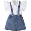 image:imageMakeMeChic Toddler Baby Girls 2 Piece Cute Outfits Cap Sleeve Collared Button Down Shirt and Denim Overall Skirt SetsDark Blue
