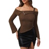 image:imageMakeMeChic Womens Cold Shoulder T Shirt Fuzzy Bell Sleeve Hanky Hem Fitted Y2k Tee TopsBrown