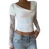 image:imageMakeMeChic Womens Floral Lace Tee Shirt Long Sleeve Cowl Neck Ruched Fall Elegant Crop TopsWhite