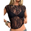 image:imageMakeMeChic Womens Floral Lace Tee Shirts Mesh Sheer Cap Sleeve Y2K Crop Concert Tops Summer OutfitBlack