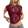 image:imageMakeMeChic Womens Floral Lace Tee Shirts Mesh Sheer Cap Sleeve Y2K Crop Concert Tops Summer OutfitMaroon