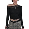 image:imageMakeMeChic Womens Floral Lace Trim Crop Tops Long Sleeve Asymmetrical Fall Y2K Going Out Tee ShirtsBlack