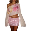 image:imageMakeMeChic Womens Floral Swimsuit Coverup Off The Shoulder Bell Sleeve Crop Tops Cover UpPink