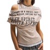 image:imageMakeMeChic Womens Lace T Shirt Y2k Off The Shoulder Letter Print Ruched Short Sleeve Casual TopsApricot
