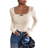 image:imageMakeMeChic Womens Lace Trim Bow Knot Tee Shirt Long Sleeve Square Neck Y2K Fall TopsApricot