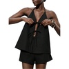 image:imageMakeMeChic Womens Linen Two Piece Set Summer Tie Front Halter Tops Linen Shorts Sets Beach Vacation OutfitsBlack