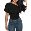 image:imageMakeMeChic Womens Off The Shoulder Cinched Waist Crop Top Asymmetrical Y2k Dolman Sleeve Summer TopsBlack