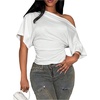 image:imageMakeMeChic Womens Off The Shoulder Cinched Waist Crop Top Asymmetrical Y2k Dolman Sleeve Summer TopsWhite